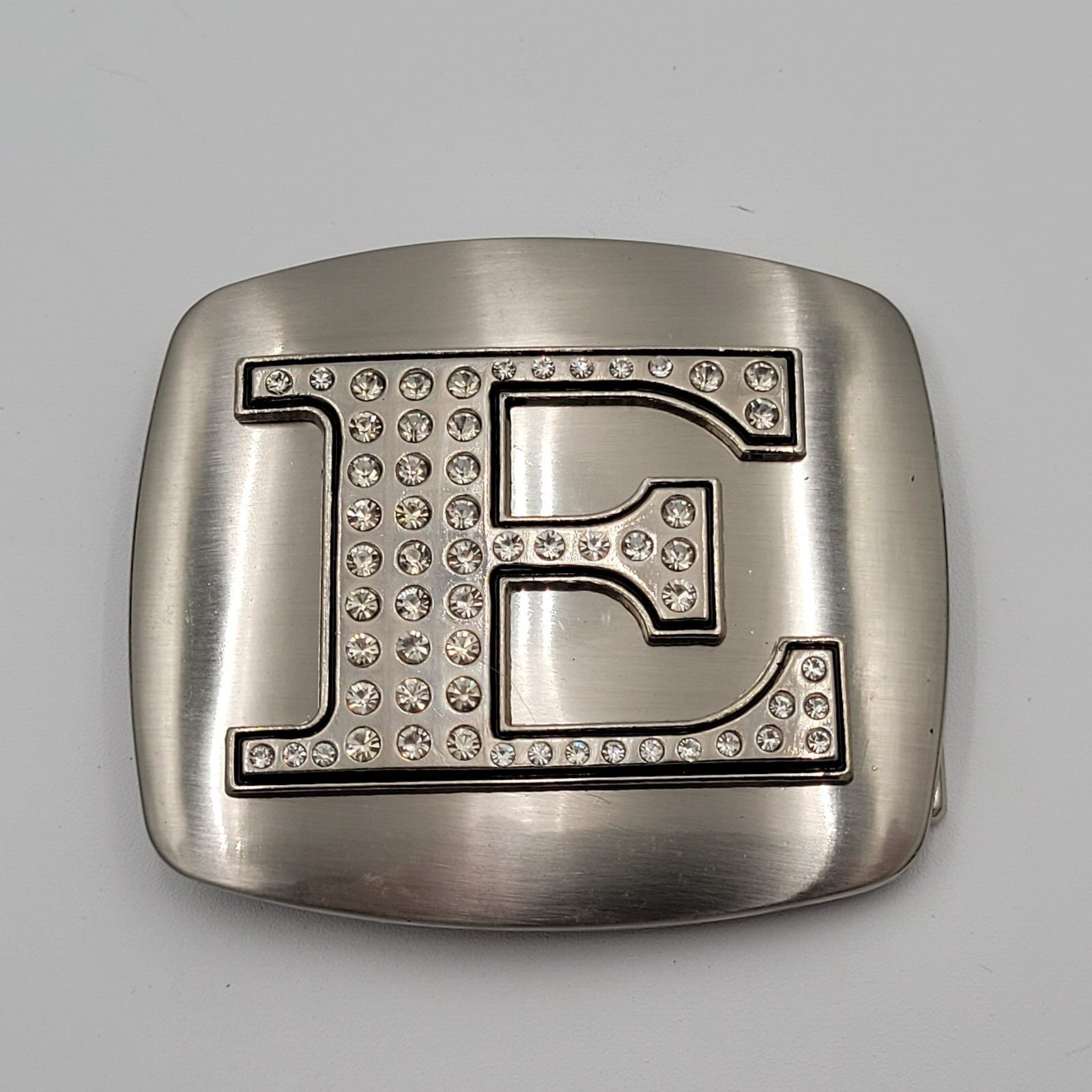 Initial E Monogram Square Belt Buckle Brushed Chrome With Rhinestones