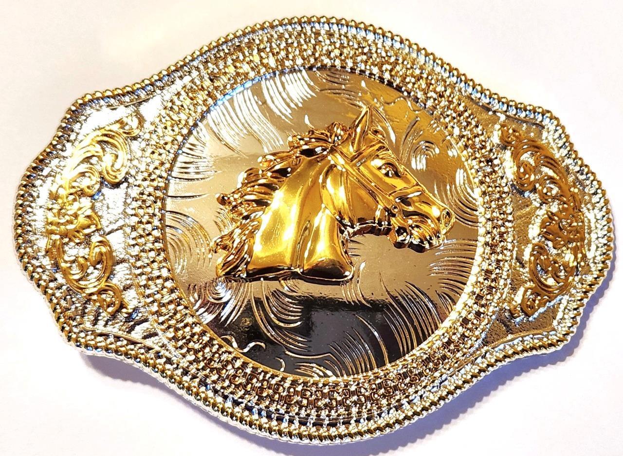 HORSE HEAD OVAL WESTERN 3-D ANIMAL FARM COWBOY GOLD BELT BUCKLE