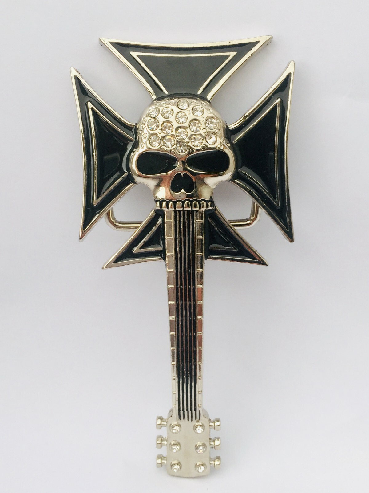 Belt Buckle Skull Guitar with Iron Cross & Diamante Biker Silver Black Classic