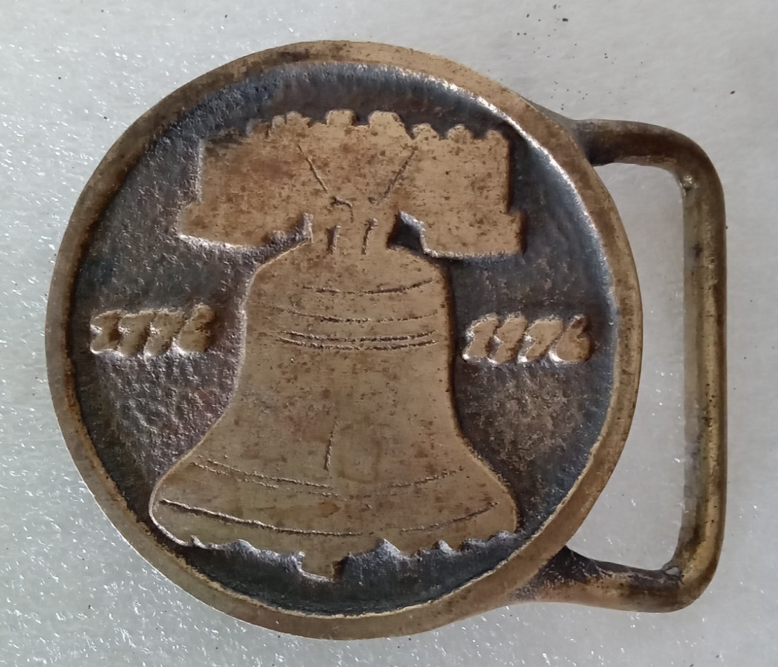 Vintage Brass Belt Buckles. Patriotic 1970&rsquo;s. Flag & Liberty Bell. Lot of 2.
