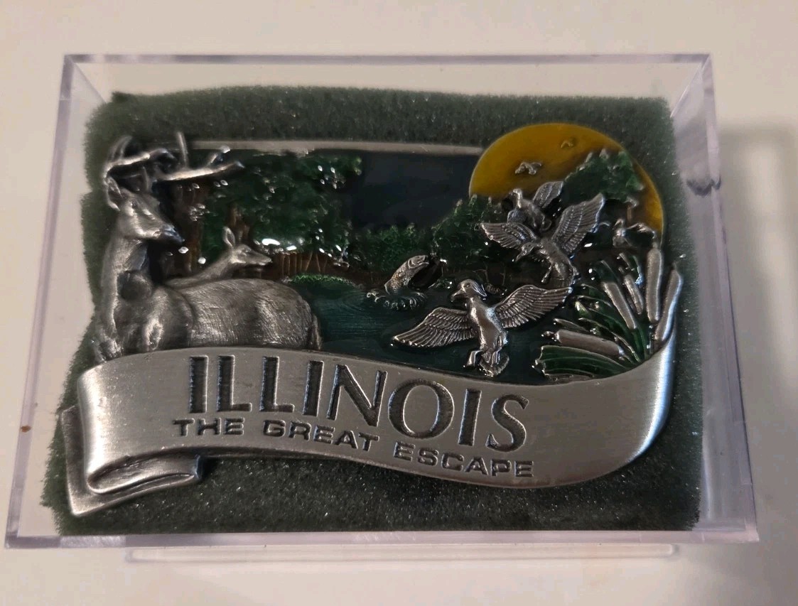 Vintage Collectible 1984 ILLINOIS Pewter and Enamel Belt Buckle by Bergamot