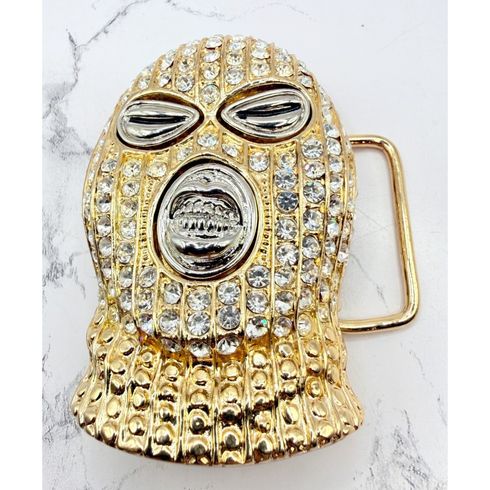 Gold Rhinestone Mask Belt Buckle Fits 1.5&Prime; Belt Western Biker Hip Hop Goon Mask