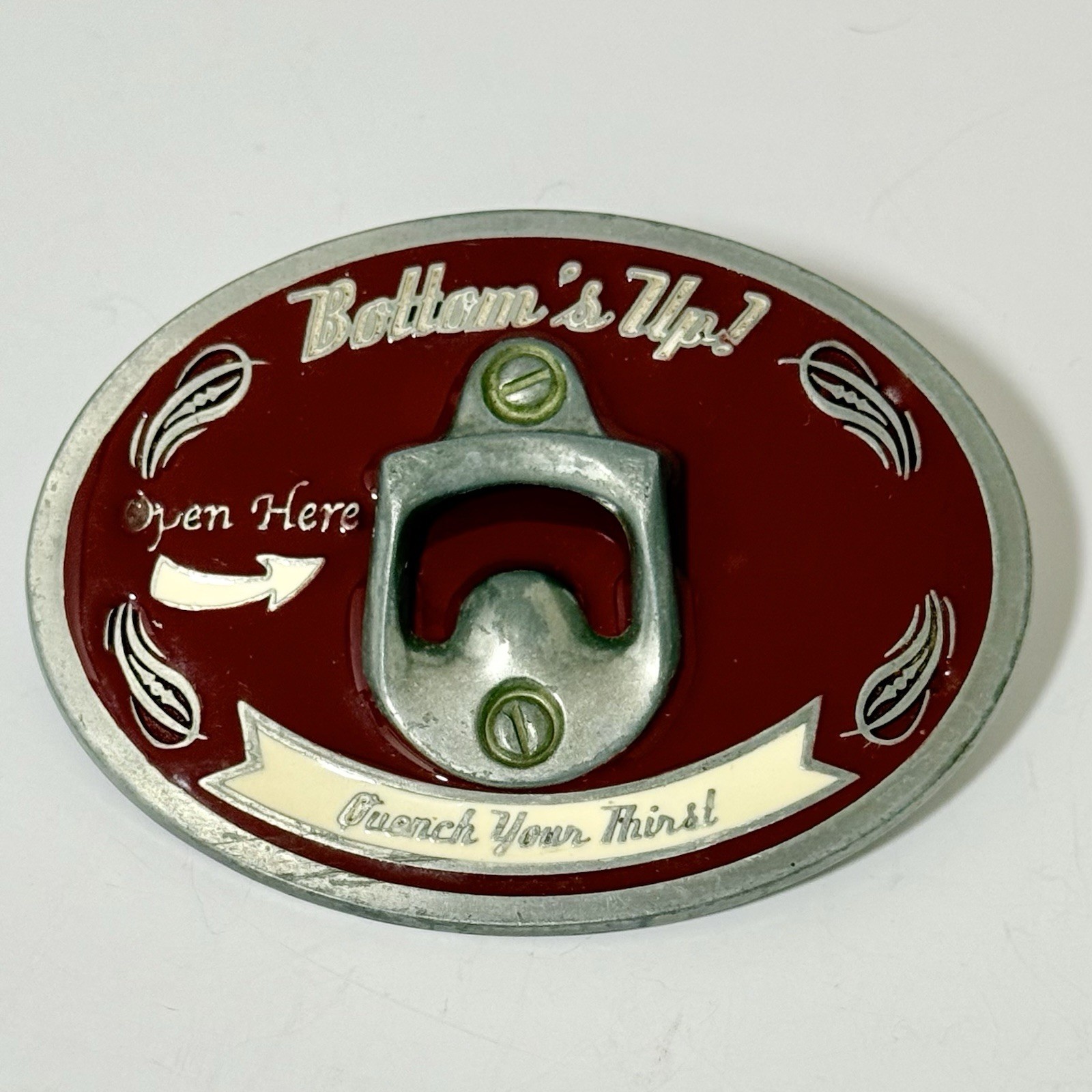Vintage Bottom&rsquo;s Up! Belt Buckle Bottle Opener 1990’s Novelty Bottle Opener USA