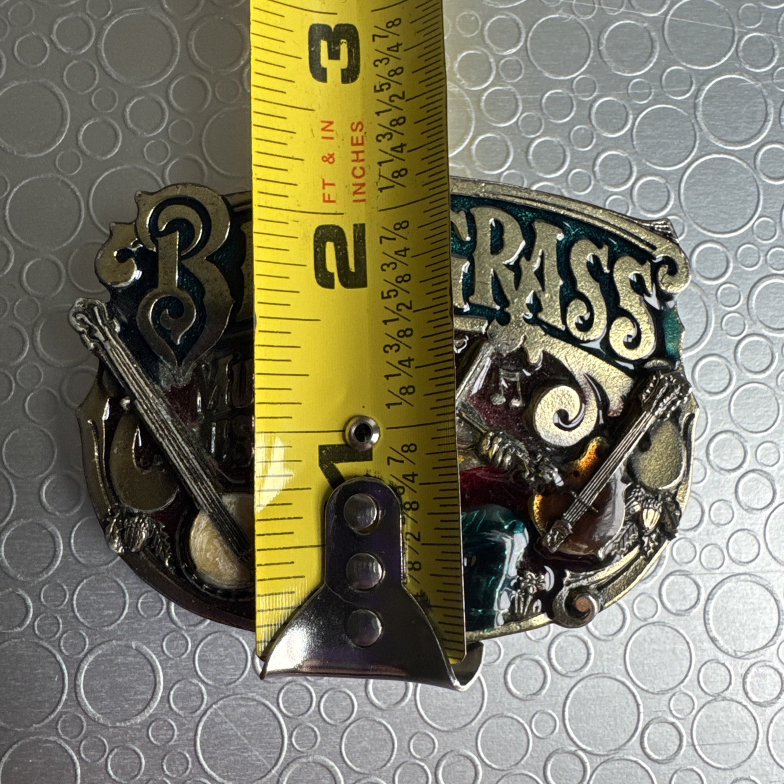 Vintage 1982 Bluegrass Music USA Belt Buckle Pewter Enamel Fiddle Banjo H918