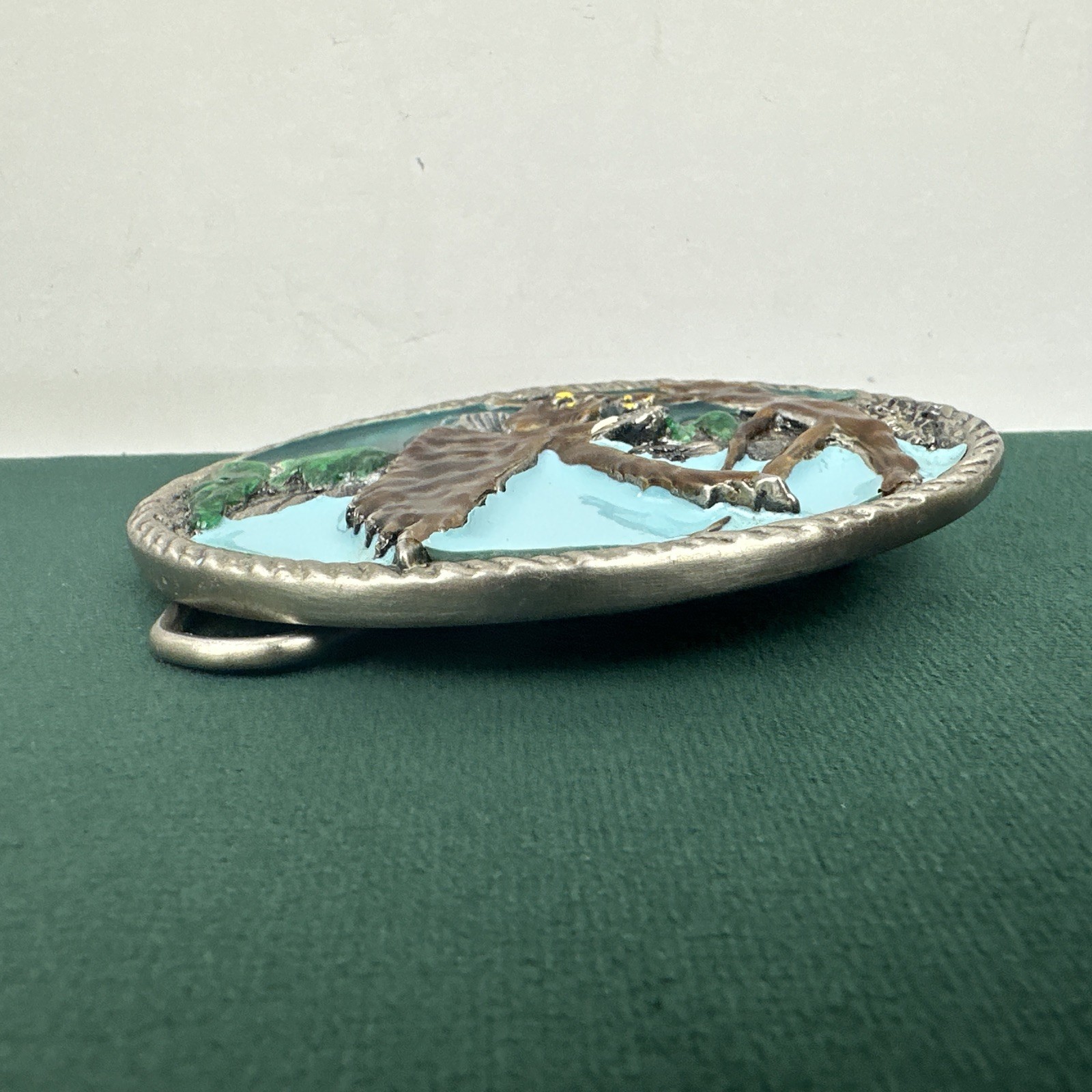 Vintage Eagle Landing On Branch Painted Metal Belt Buckle Silver Tone Nature