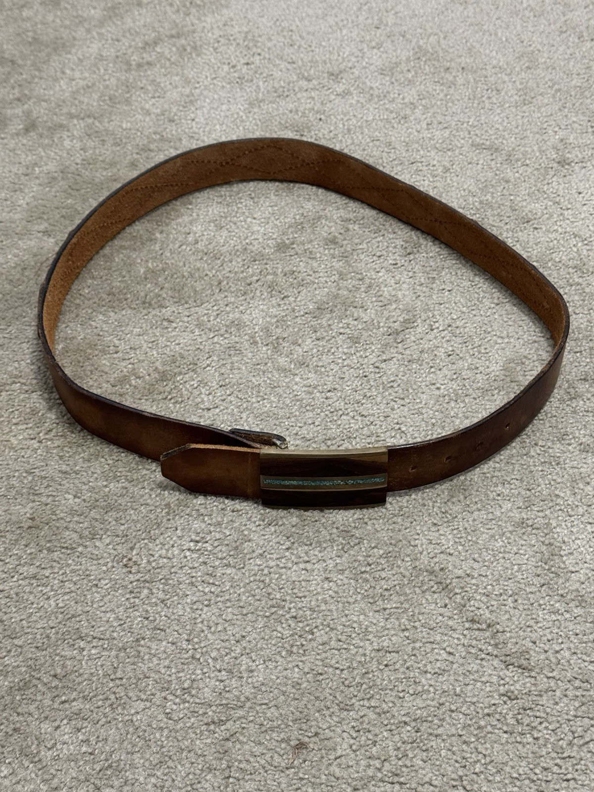 Vintage Southwest turquoise Wood Brass Belt Buckle Belt C141