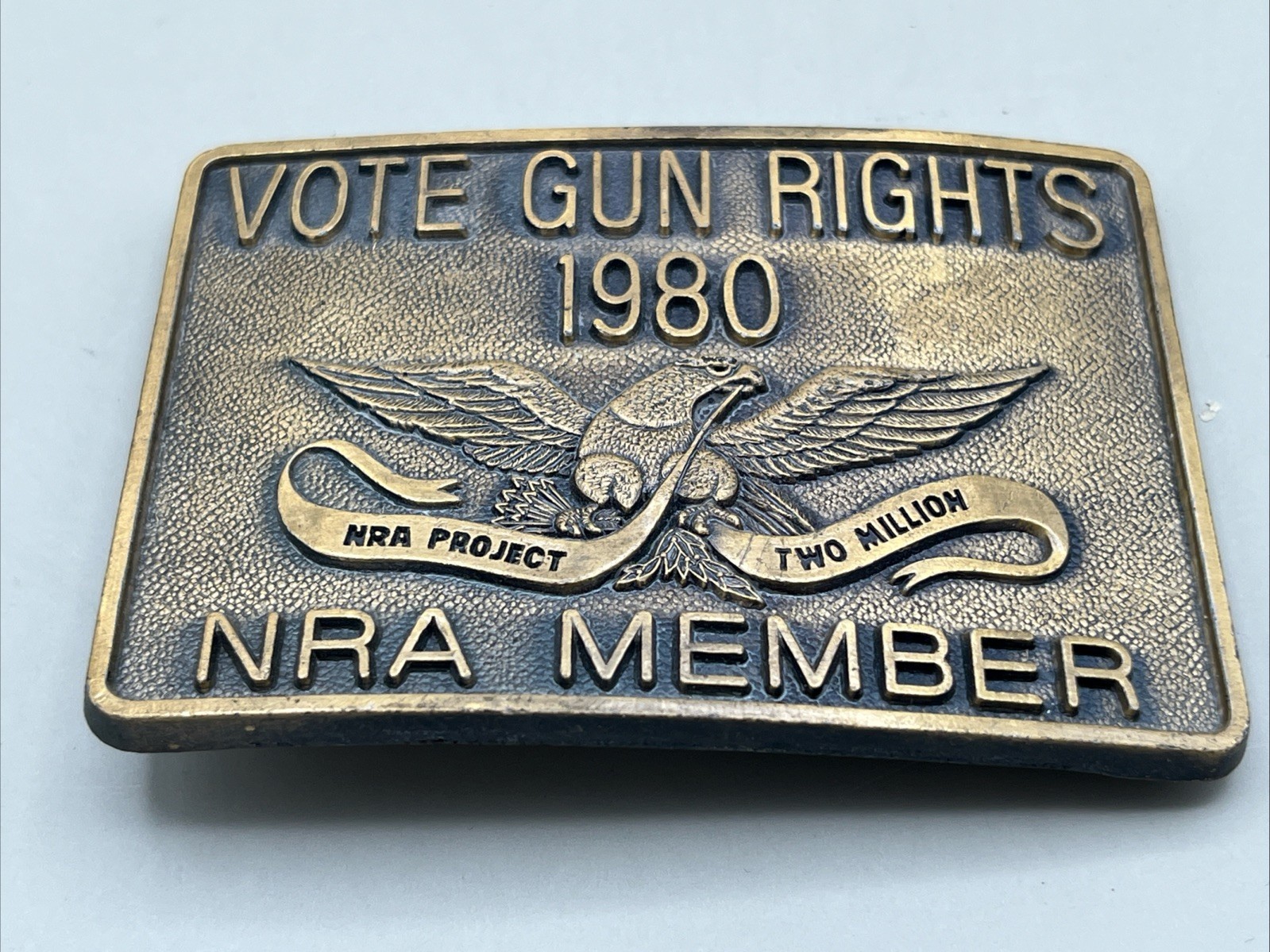 Vintage 1980 Vote Gun Rights NRA Member Belt Buckle Project Two Million Brass