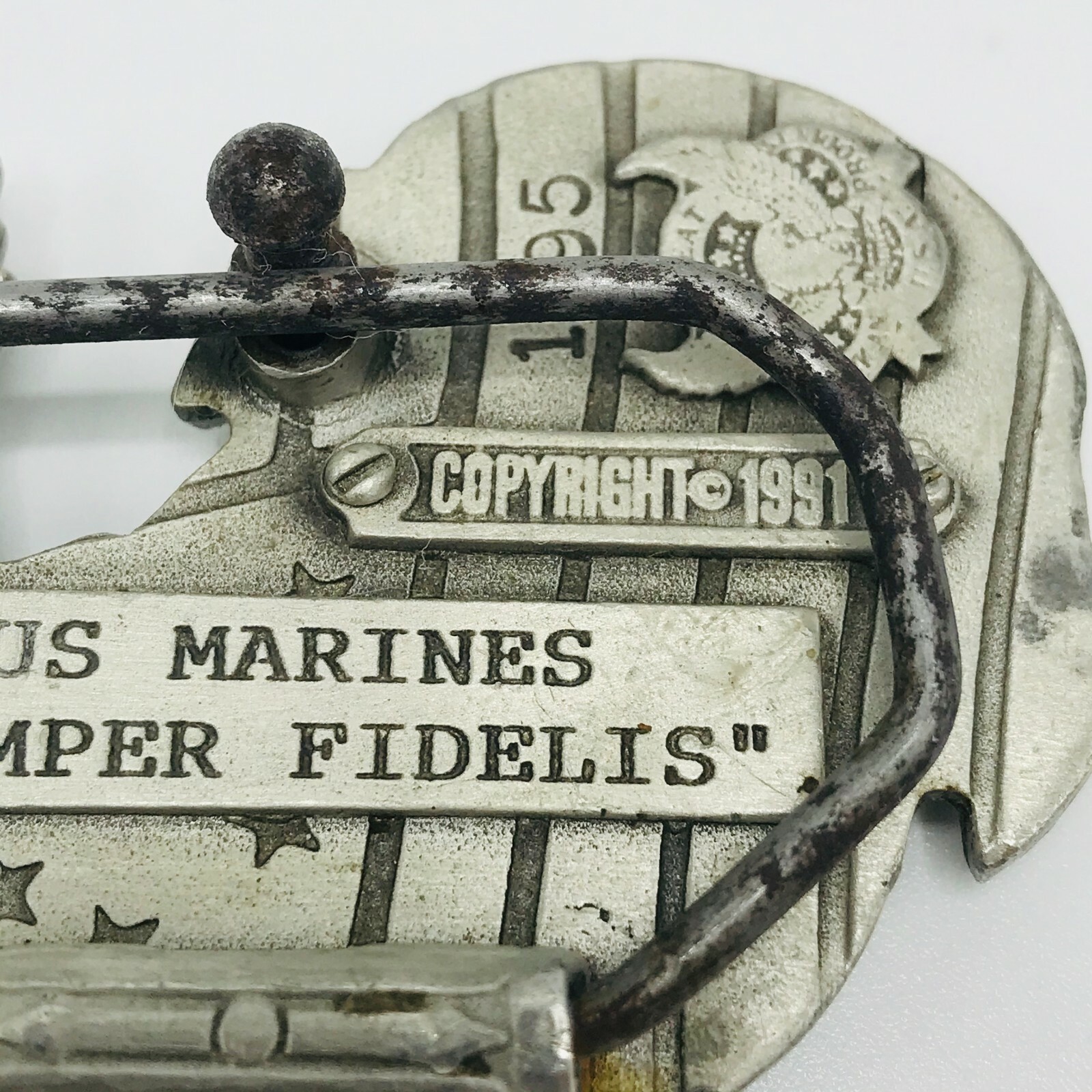 Vintage US Marines CorpBelt Buckle Semper Fidelis Pewter Metal 1995 Globe Anchor
