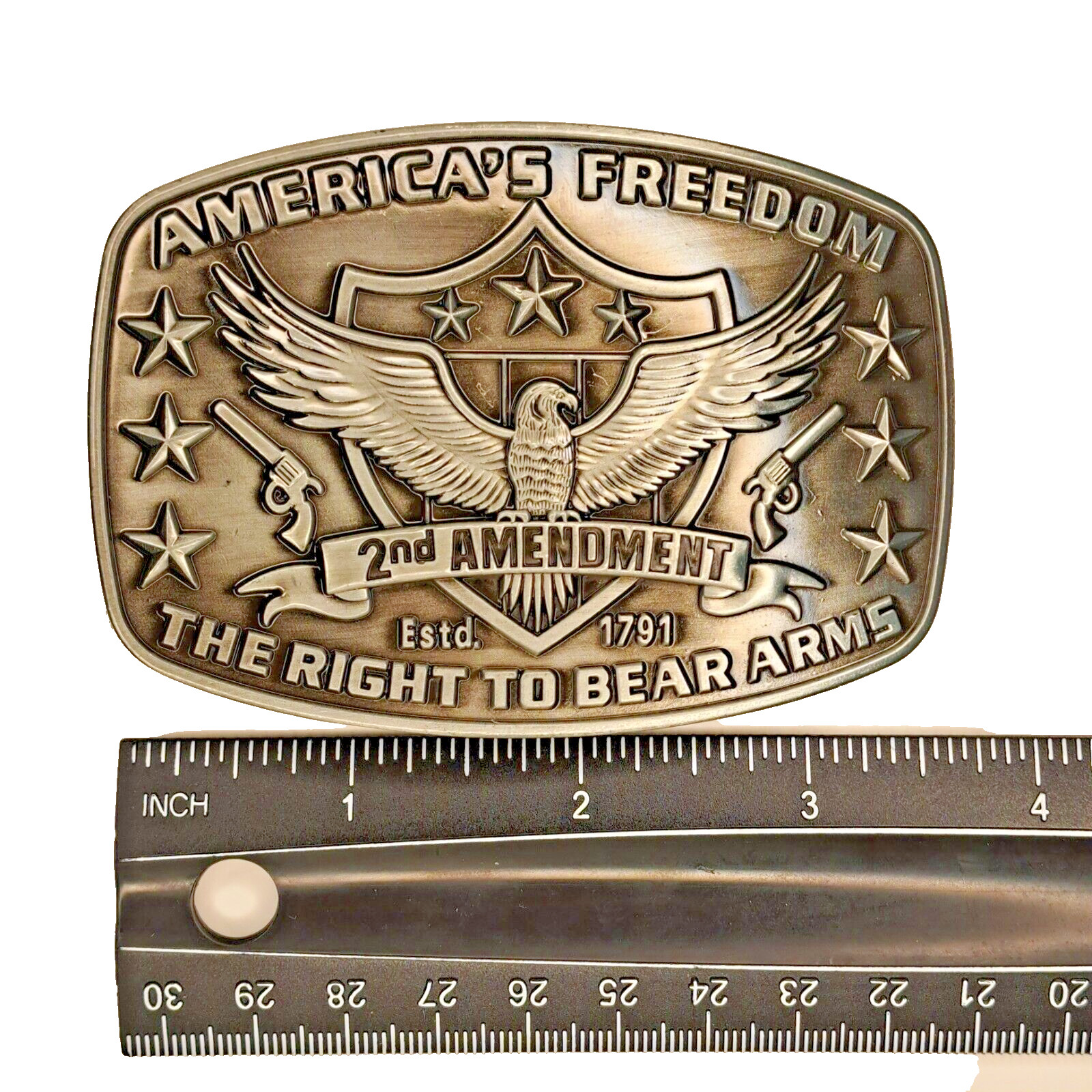 America&rsquo;s Freedom Belt Buckle 2nd Amendment Antique Silver Eagle Shield Stars