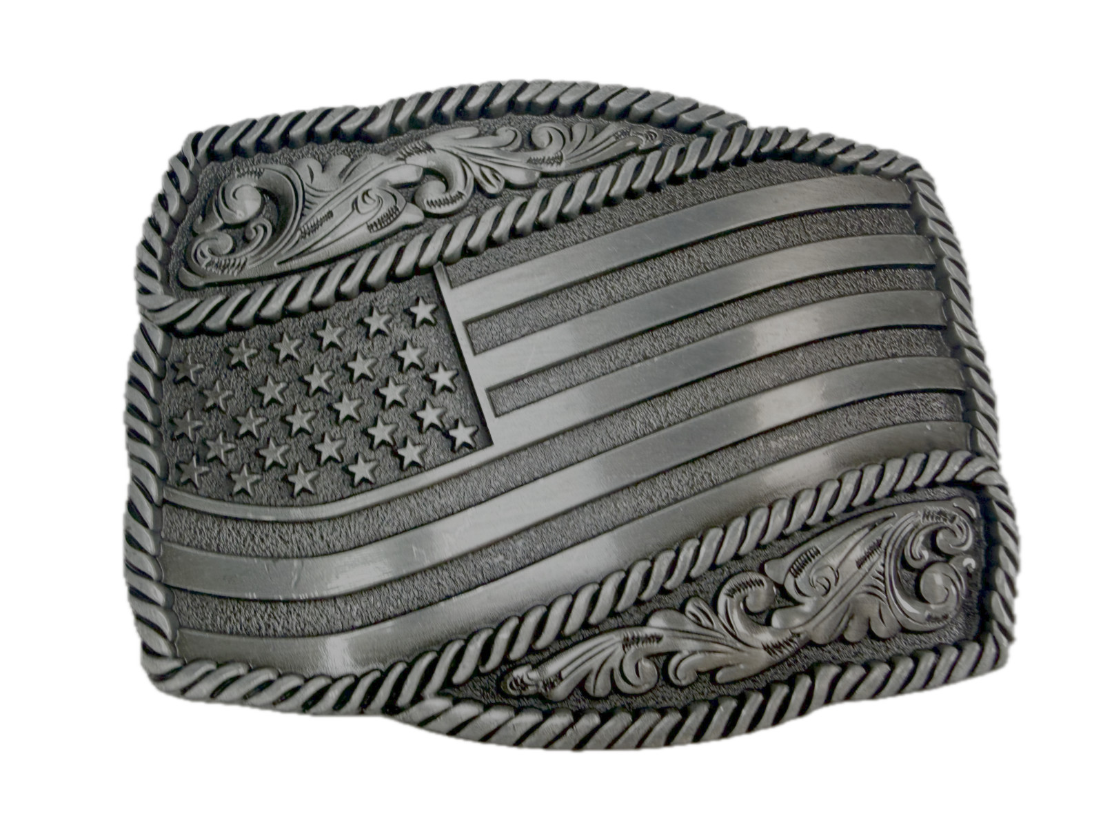 Waving American Flag Patriotic Silver Color Rope Border Western NOS Belt Buckle