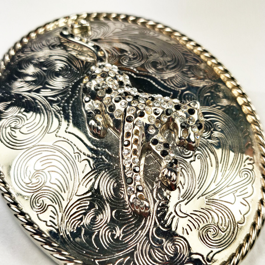 Western Engraved Style Rhinestone Leopard Cowboy Belt Buckle