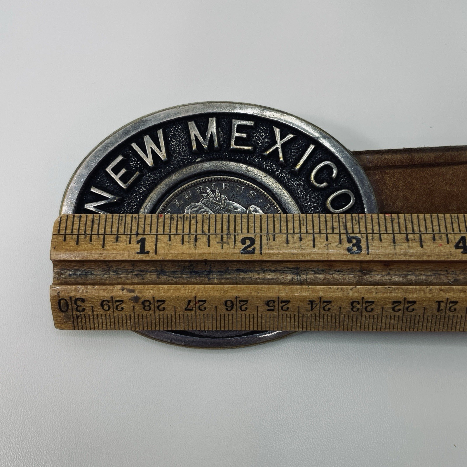 Pewter Belt Buckle 1880 Morgan Silver Dollar New Mexico Buffalo Nickel Leather
