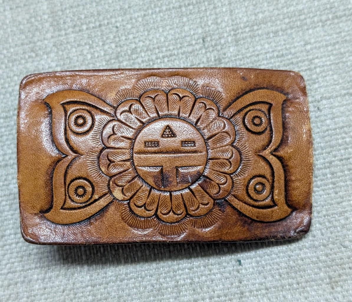 vintage TOOLED belt buckle NATIVE AMERICAN INDIAN leather SOUTHWESTERN navajo