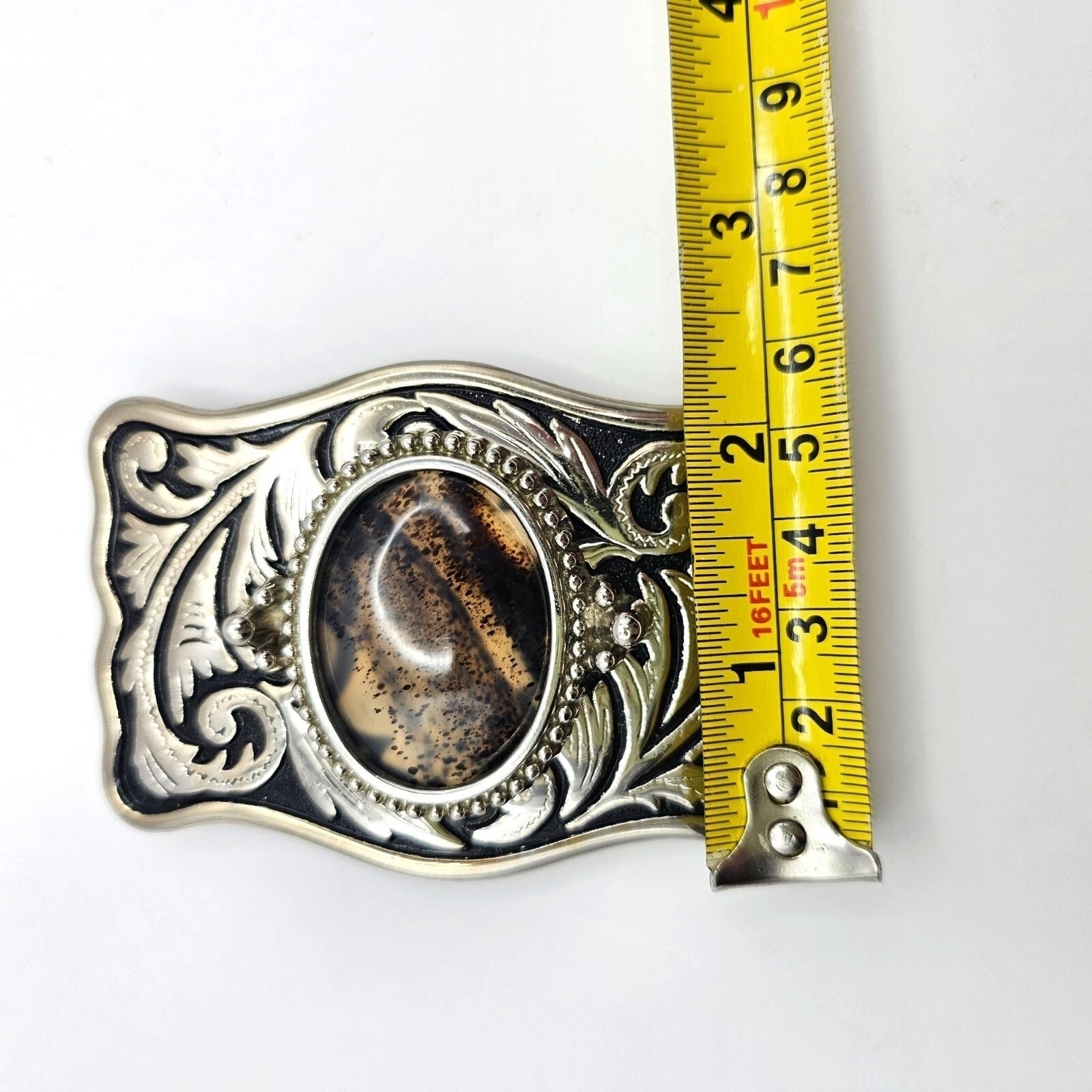 Western Belt Buckle Dendritic Agate Cabochon Silver Engraved Accents Side Pieces