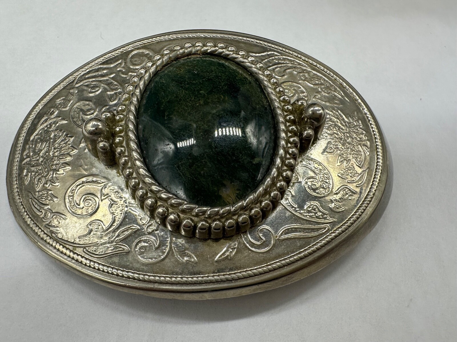 ESTATE SILVER TONE BELT BUCKLE GREEN AGATE SOUTHWESTERN STYLE MEN WOMEN UNISEX