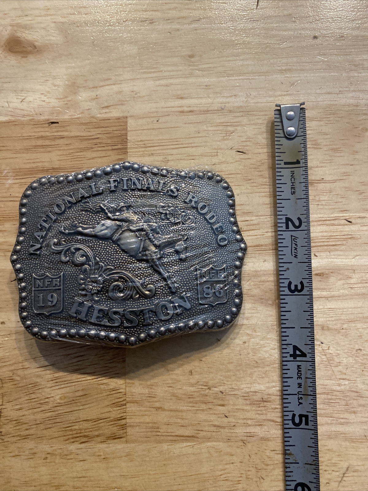Hesston Vintage Rodeo Belt Buckle 1986 METAL Original Wrap National Finals NFR