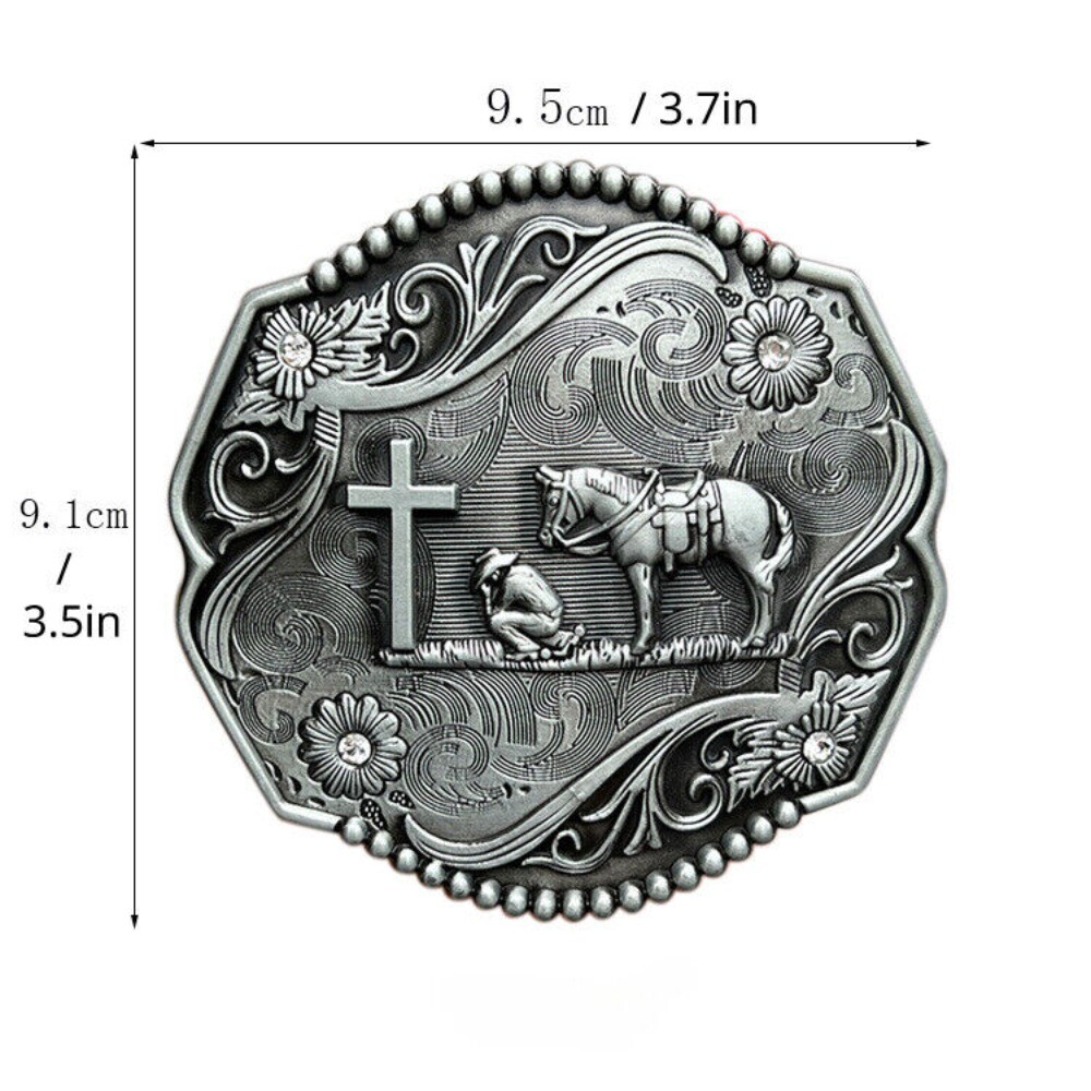 Large Western Belt Buckle for Men Retro Rodeo Wear Praying Cowboy At The Cross