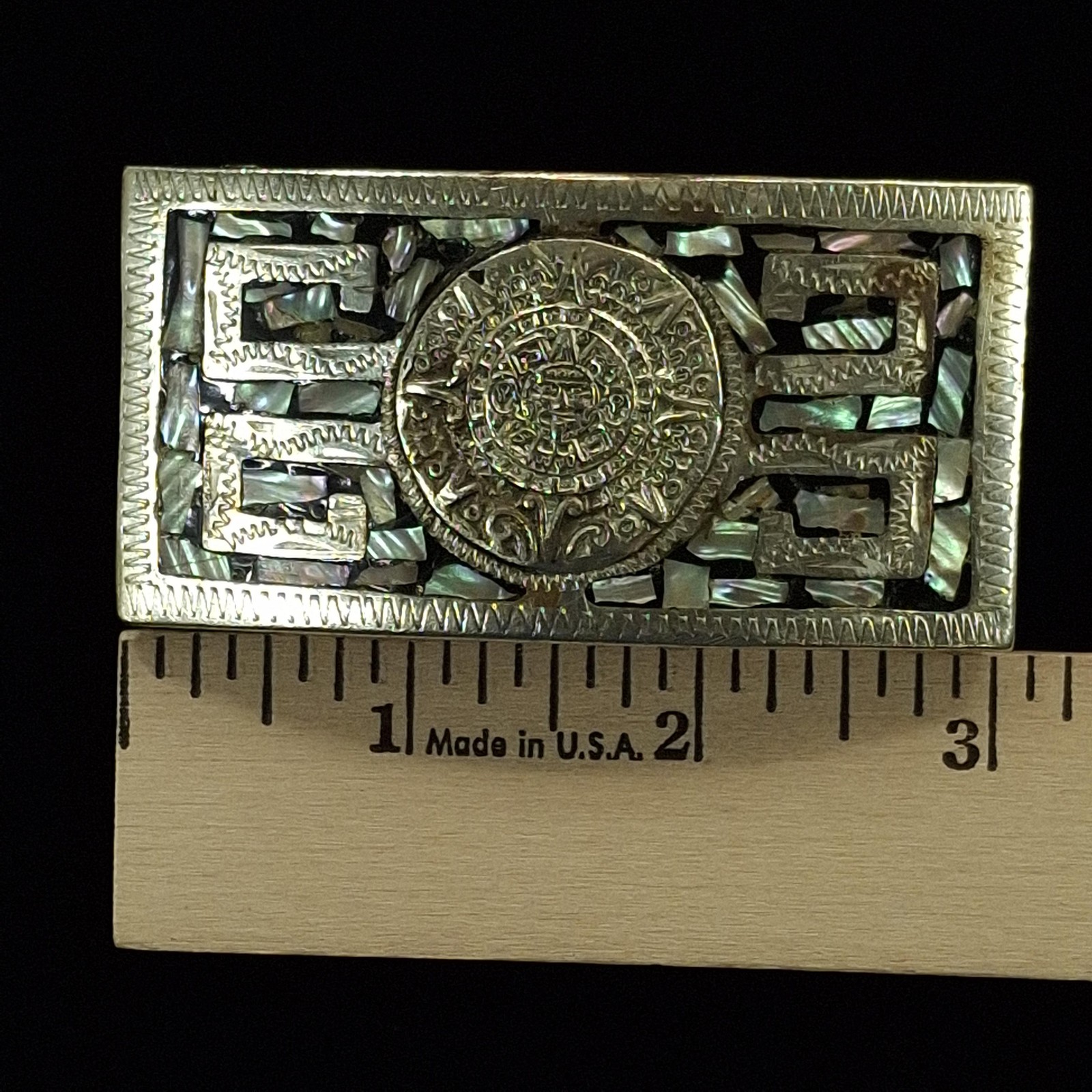 Mexican Alpaca Silver Abalone Shell Inlay Aztec Calendar Belt Buckle Western