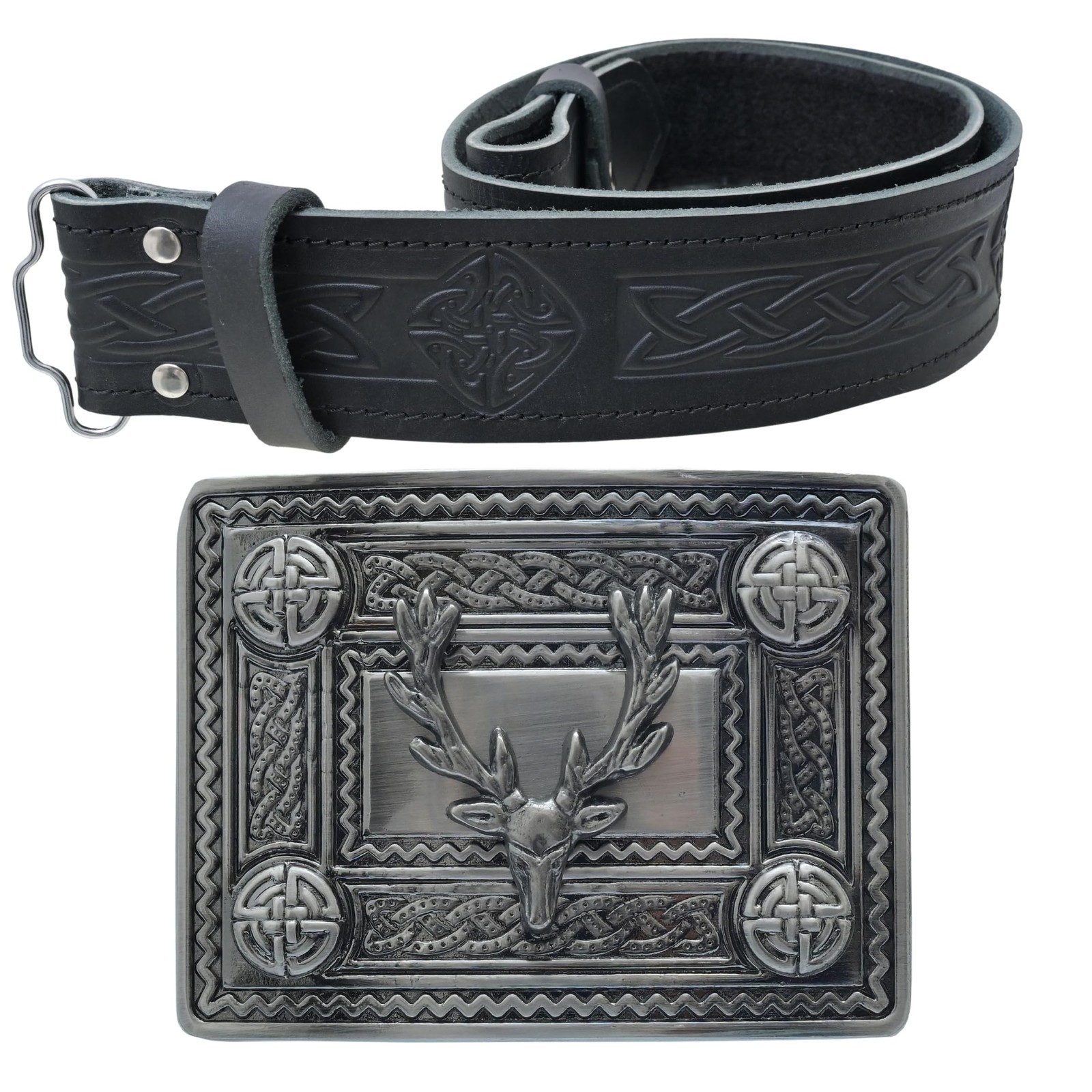 Kilt Belt and Buckle Set – Scottish Celtic Embossed Large – 38&Prime; to 42&Prime;, Black