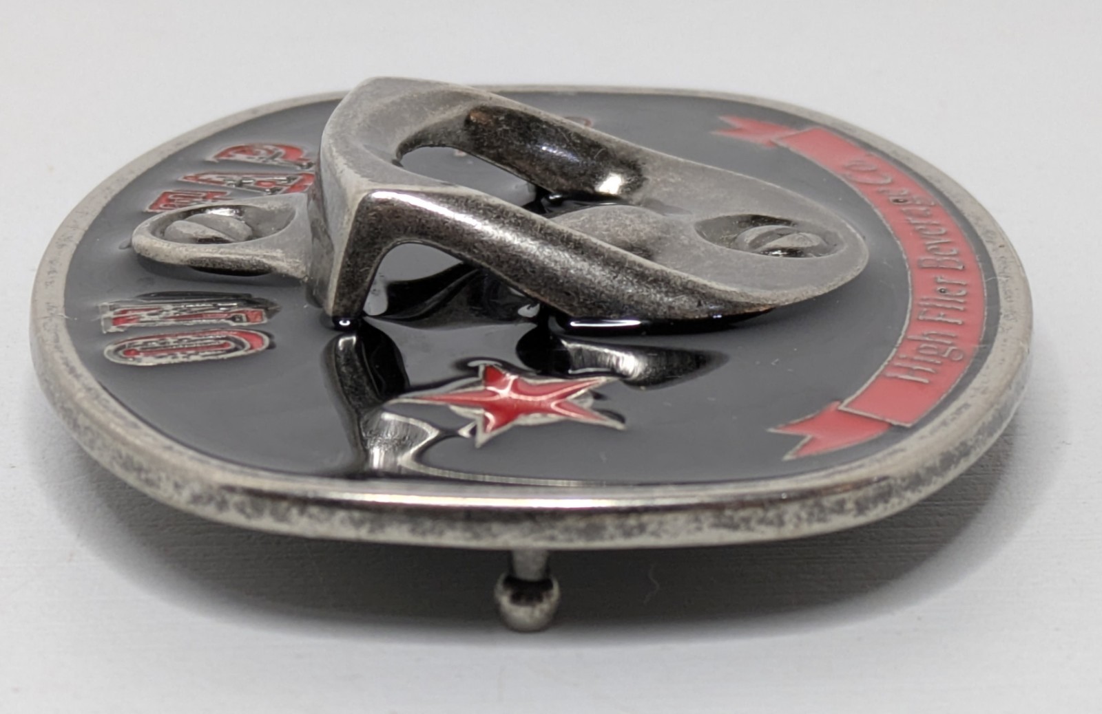 On Tap Belt Buckle Bottle Opener High Flier Beverage Black Red Silver