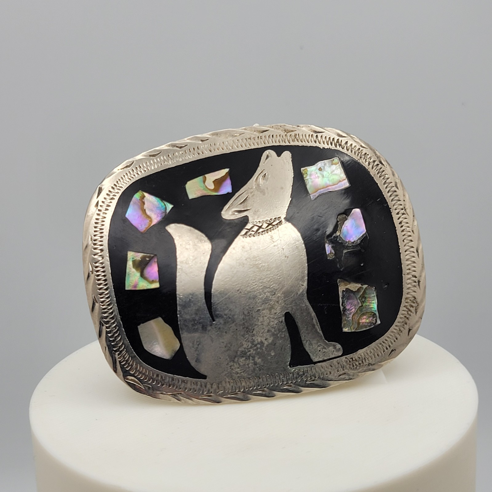 Mexican Alpaca Silver Belt Buckle Howling Wolf Coyote Black Enamel Abalone Inlay