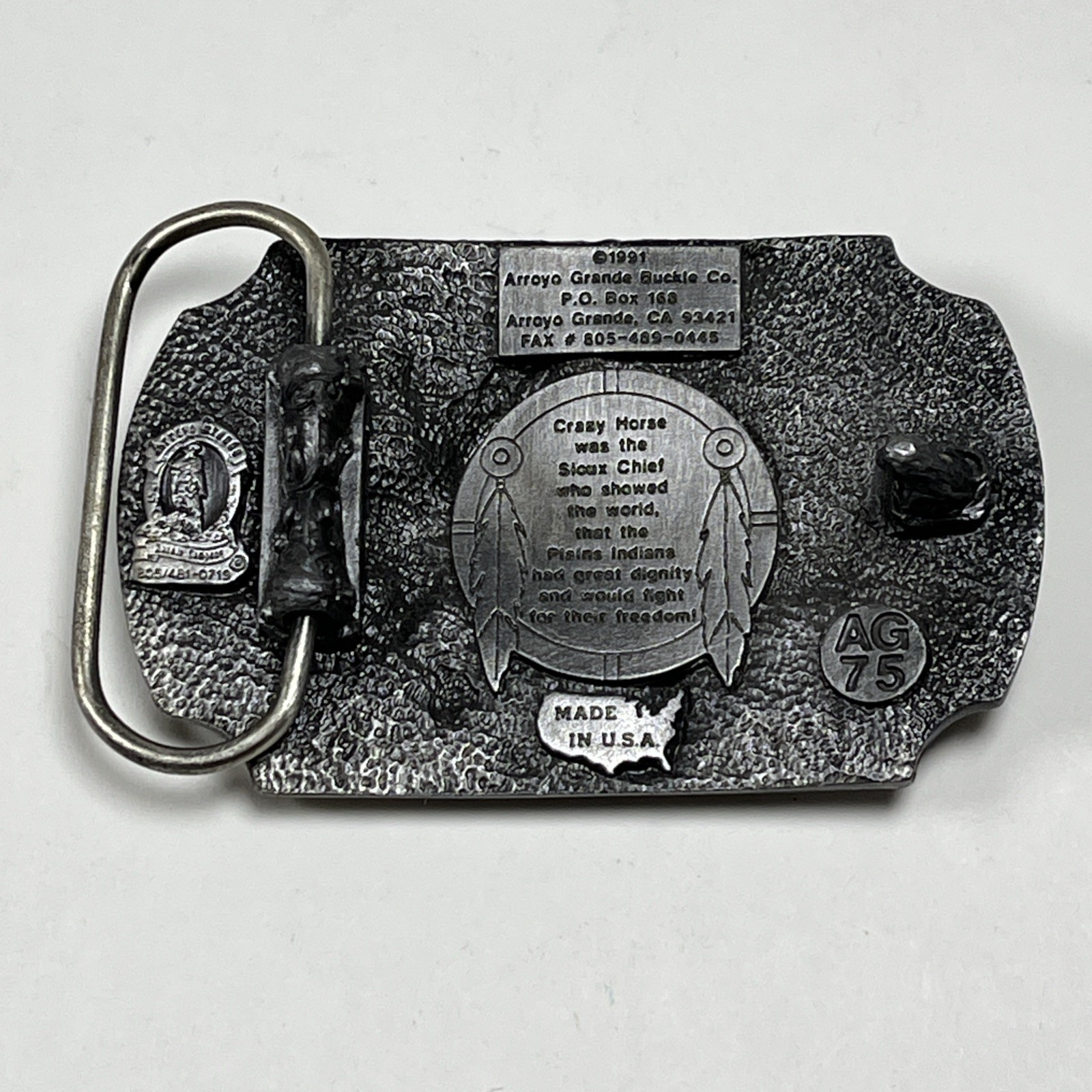 1991 Native American Crazy Horse Sioux Indian Chief Pewter Buckle Arroyo Grande