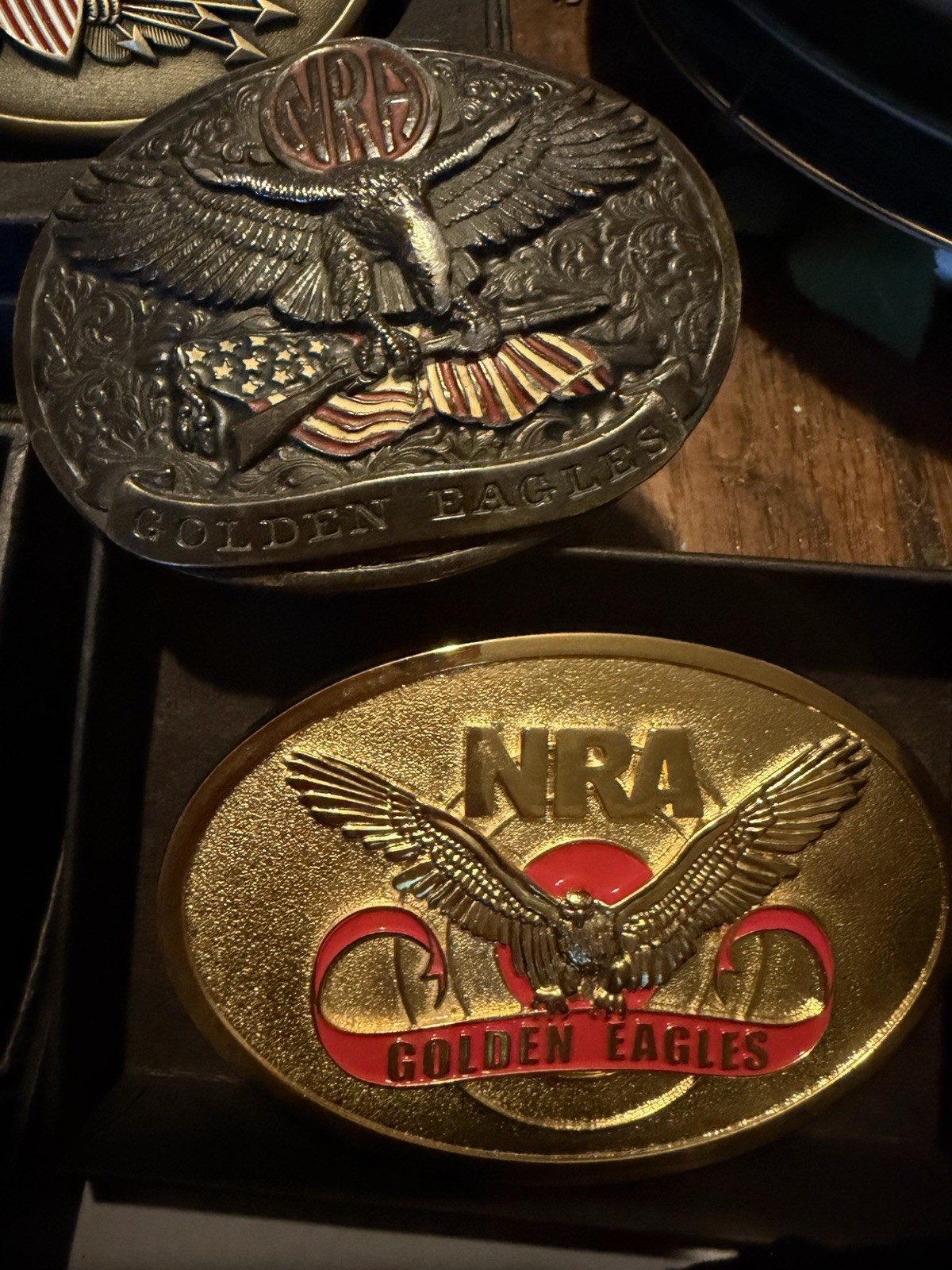 NRA Golden Eagles Metal Western Belt Buckle Lot, Gold/Silver Oval Logo Designs