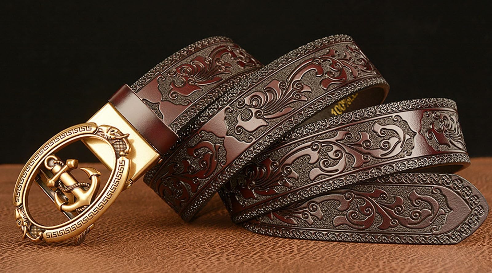Lyqqine Men&rsquo;s Leather Ratchet Belt Ethnic 125cm, Grass Carving Anchor Brown