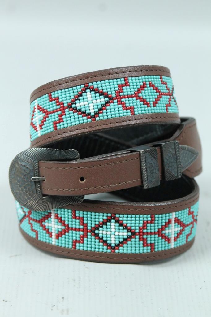 UNCLE SAM W Sterling Silver Buckle Navajo Native Turquoise Beaded Leather BELT