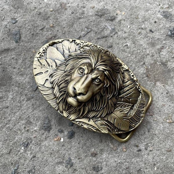 Mens Belt Buckle « LION » Solid Handmade Brass Buckle Vintage Viking