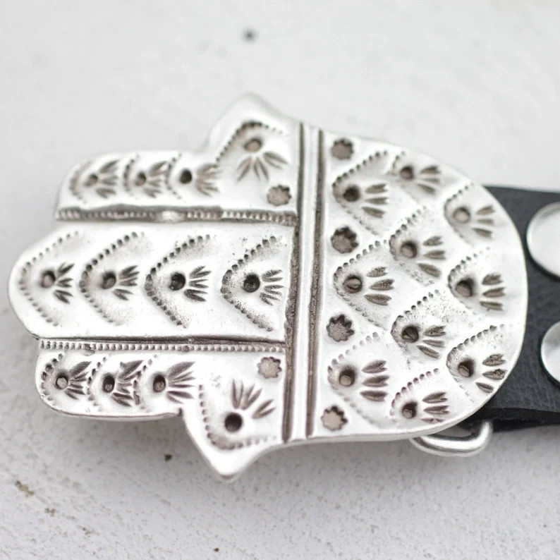 Hand-of-Fatima Belt Buckle Antique Silver Oriental Protection Symbol Embossed