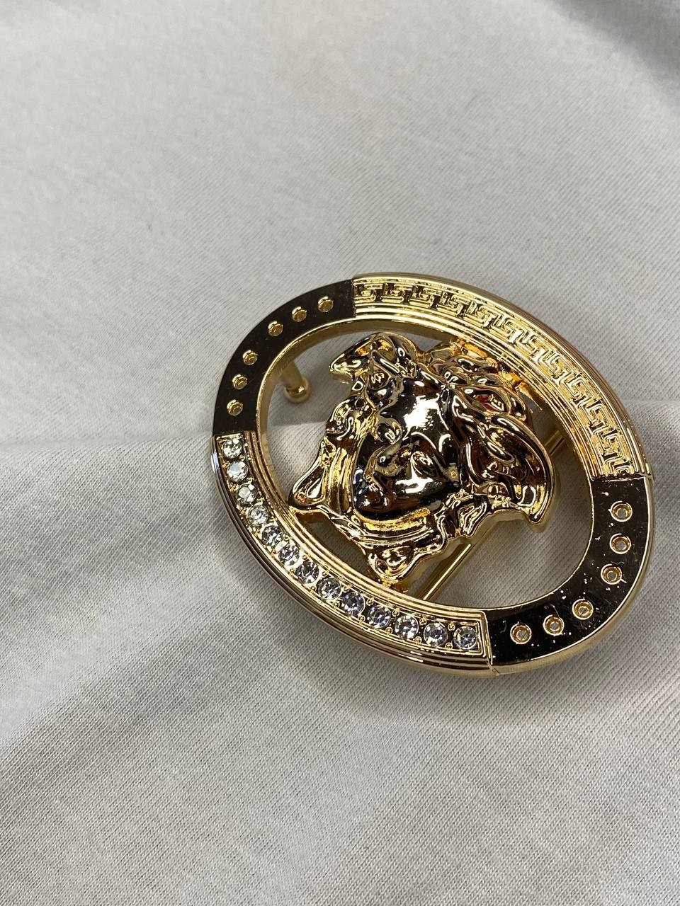 Gold Medusa Head Belt Buckle Greek Key Crystal Oval