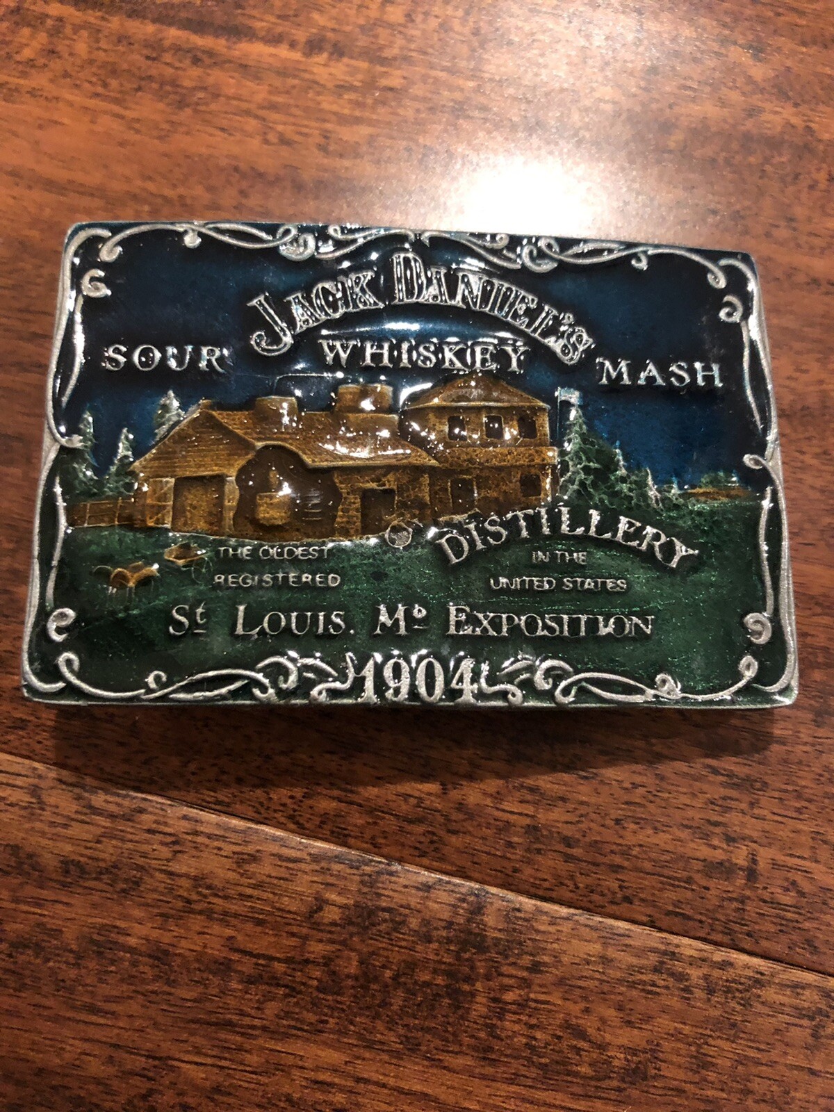 Vtg Country Jack Daniels Sour Whiskey Mash 1904 Belt Buckle Green Enameled