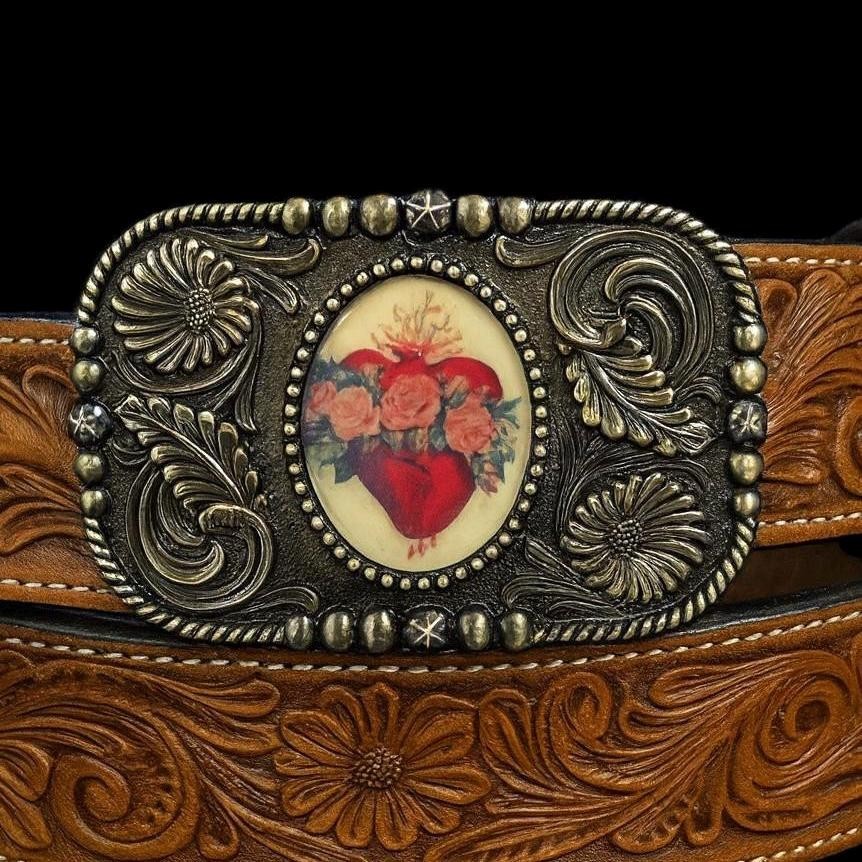 Heart and Roses Belt Buckle Valentines Western Mexican Sacred Sagrada Art
