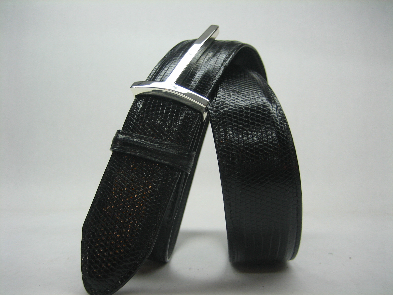 STERLING SILVER 925 SOLID T-BONE BUCKLE.W/ GENUINE LIZARD 1.3&Prime;8 BELT MADE IN USA
