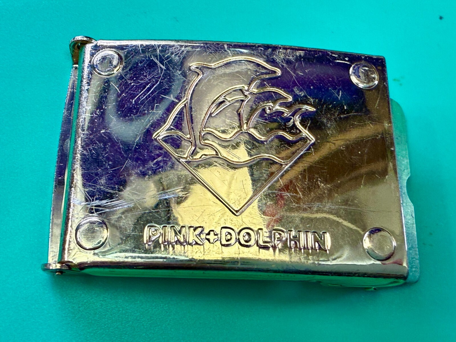 Amazon River Rare Pink Dolphin Jumping Nautical Gold Color Ratchet Belt Buckle
