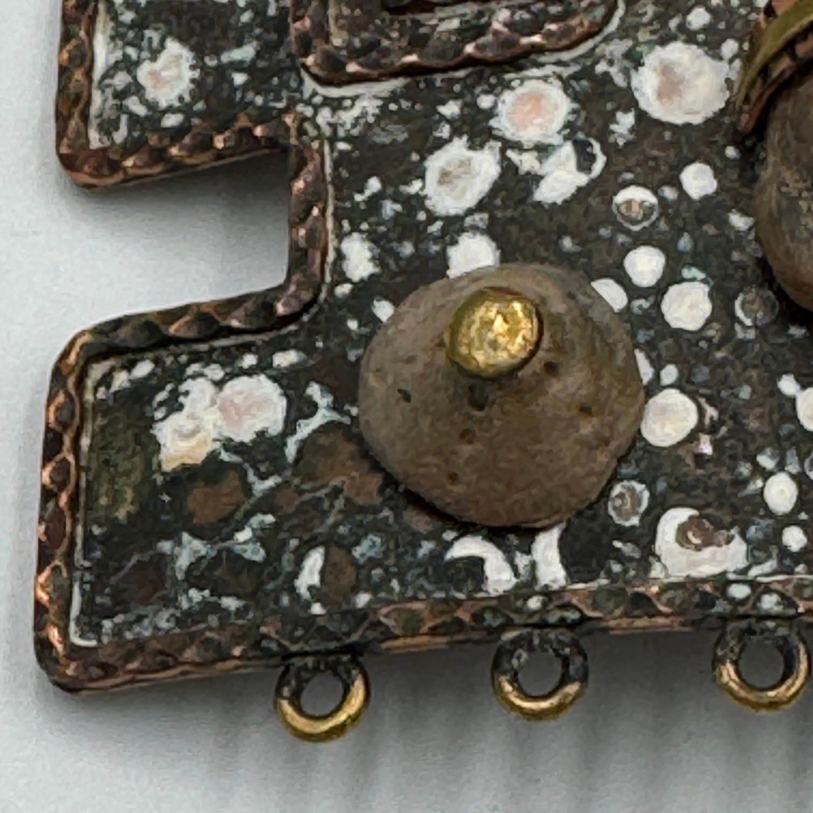 Vintage Maya Mexico Brutalist Mixed Metal Belt Buckle Clay Mask Enamel Folk Art