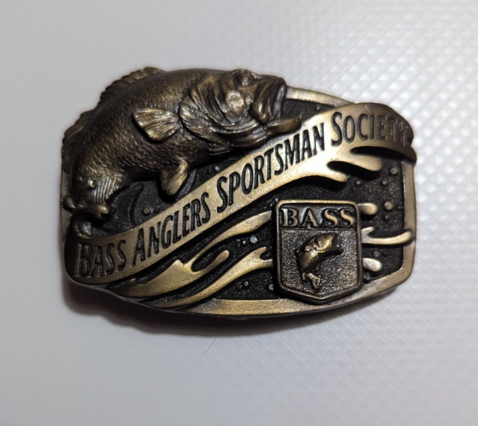 Bass Anglers Sportsman Society Brass Belt Buckle Antique Brass Color 1980s