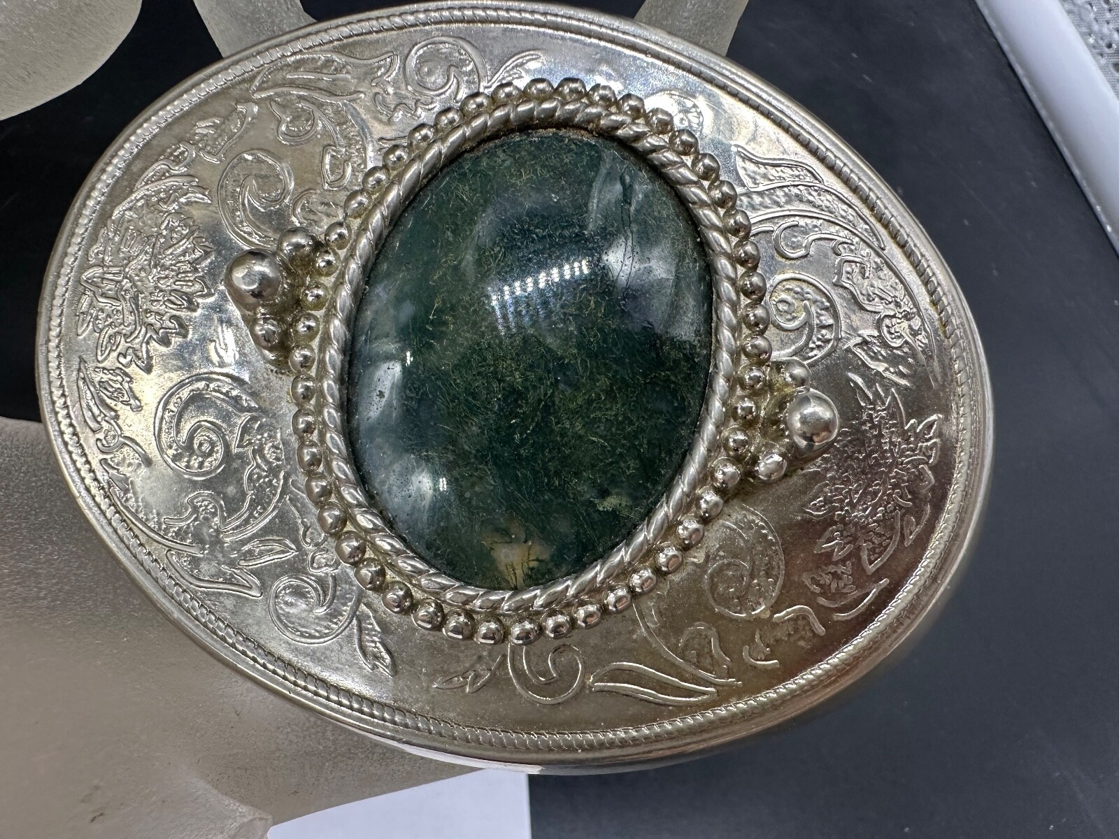 ESTATE SILVER TONE BELT BUCKLE GREEN AGATE SOUTHWESTERN STYLE MEN WOMEN UNISEX
