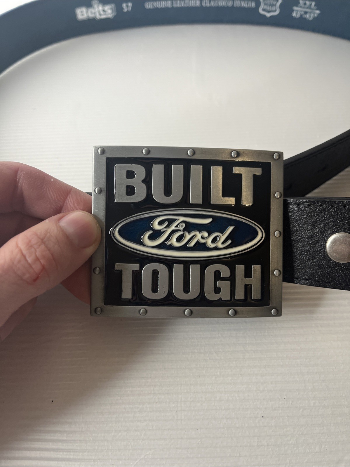 Ford Logo Built Tough Belt Buckle With Black VERA PELLE Leather XXL 43 – 45 Inch