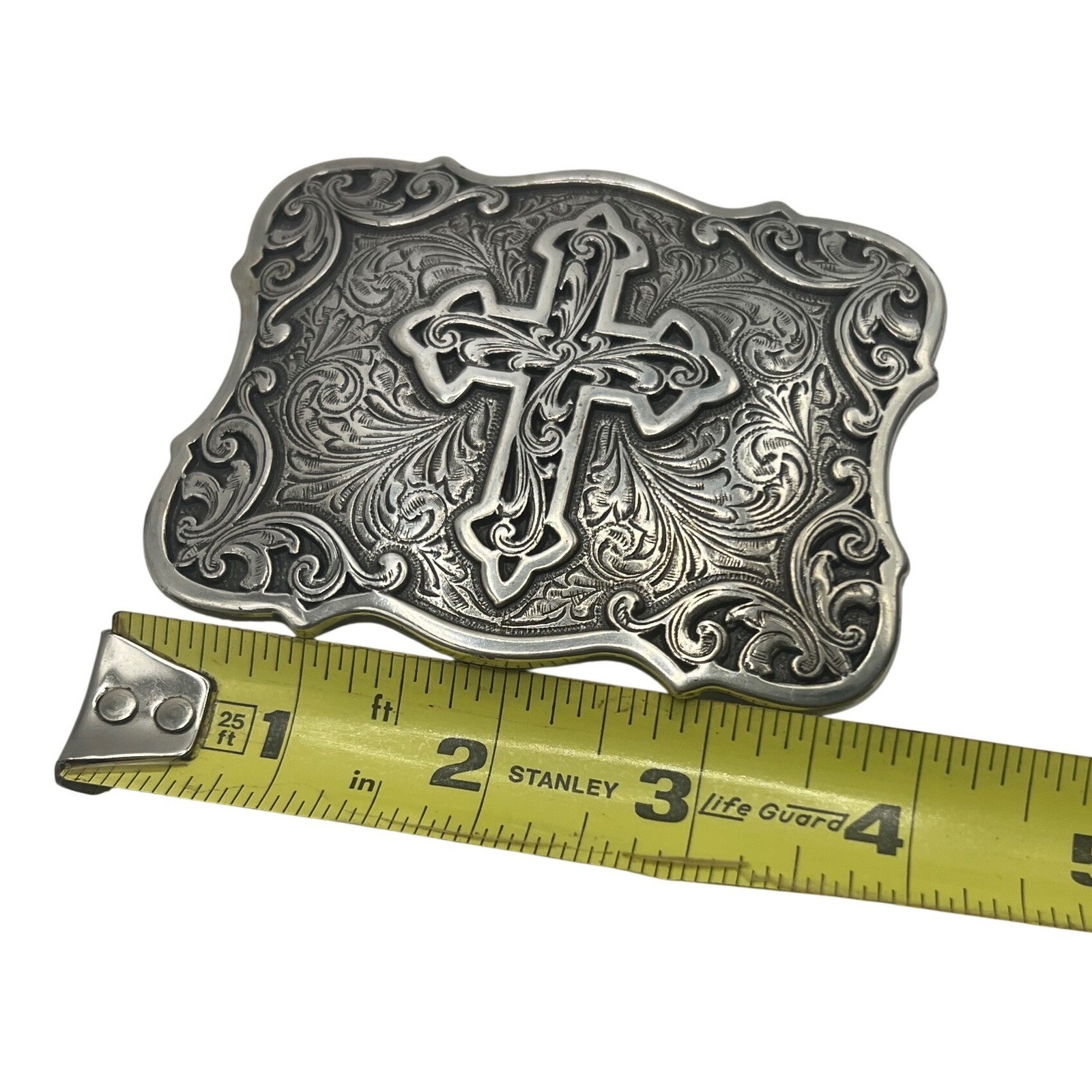 SILVER CROSS Filigree vintage metal belt buckle iconic faith religious
