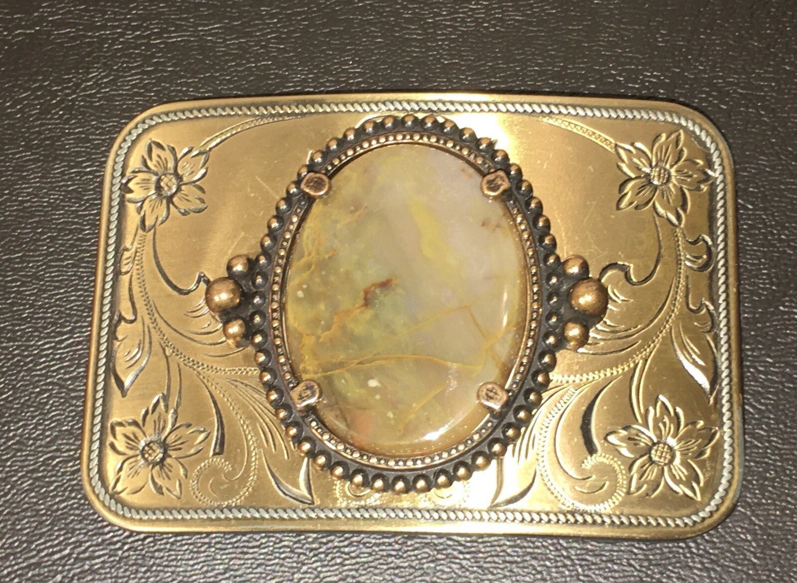 Vintage Brass Metal Belt Buckle Gemstone Inlay western /rock /agate