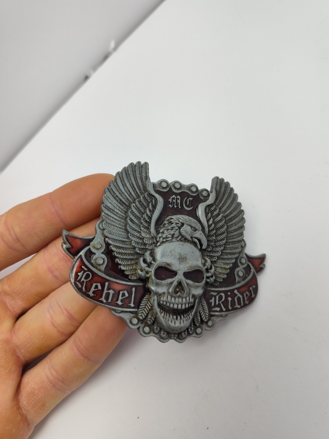 Rebel Rider Belt Buckle Outlaw Biker Motorcycle MC Rocker Skull & Eagle