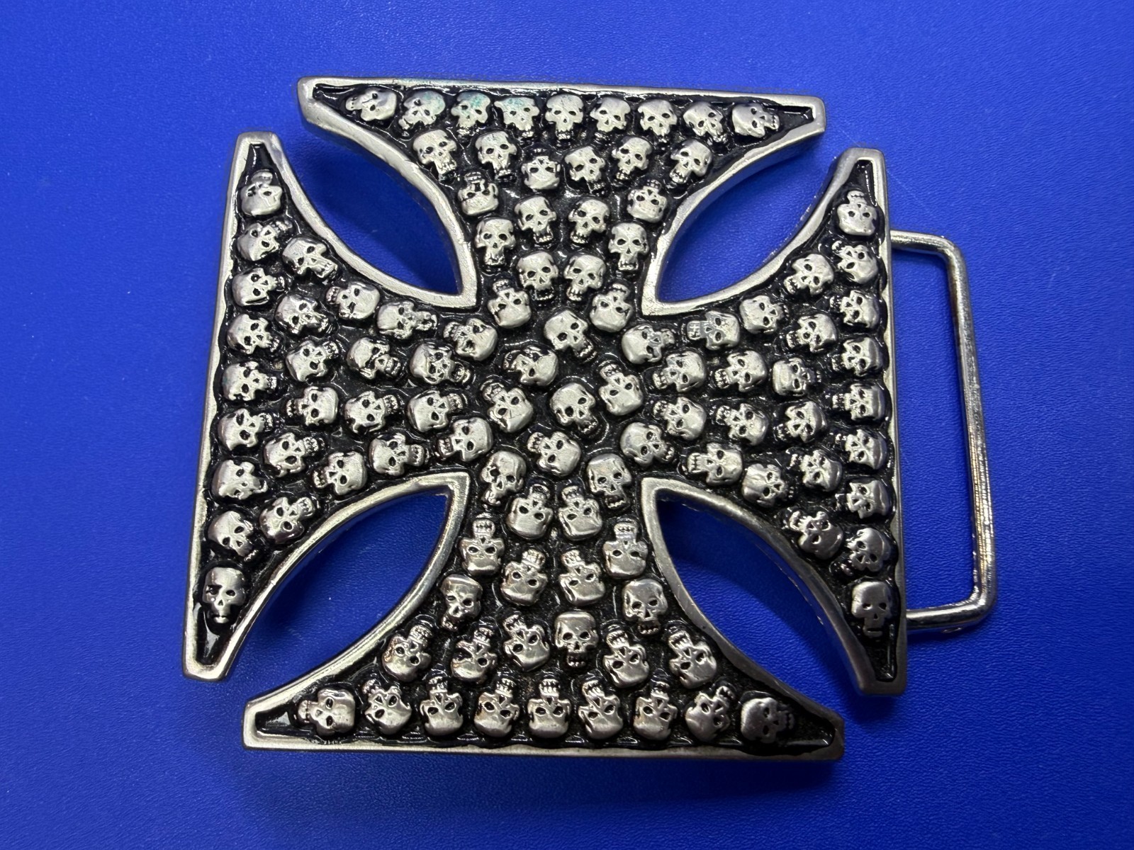 Celtic Iron Cross Shaped with Engraved Tiny Skulls Gothic Cutout Belt Buckle