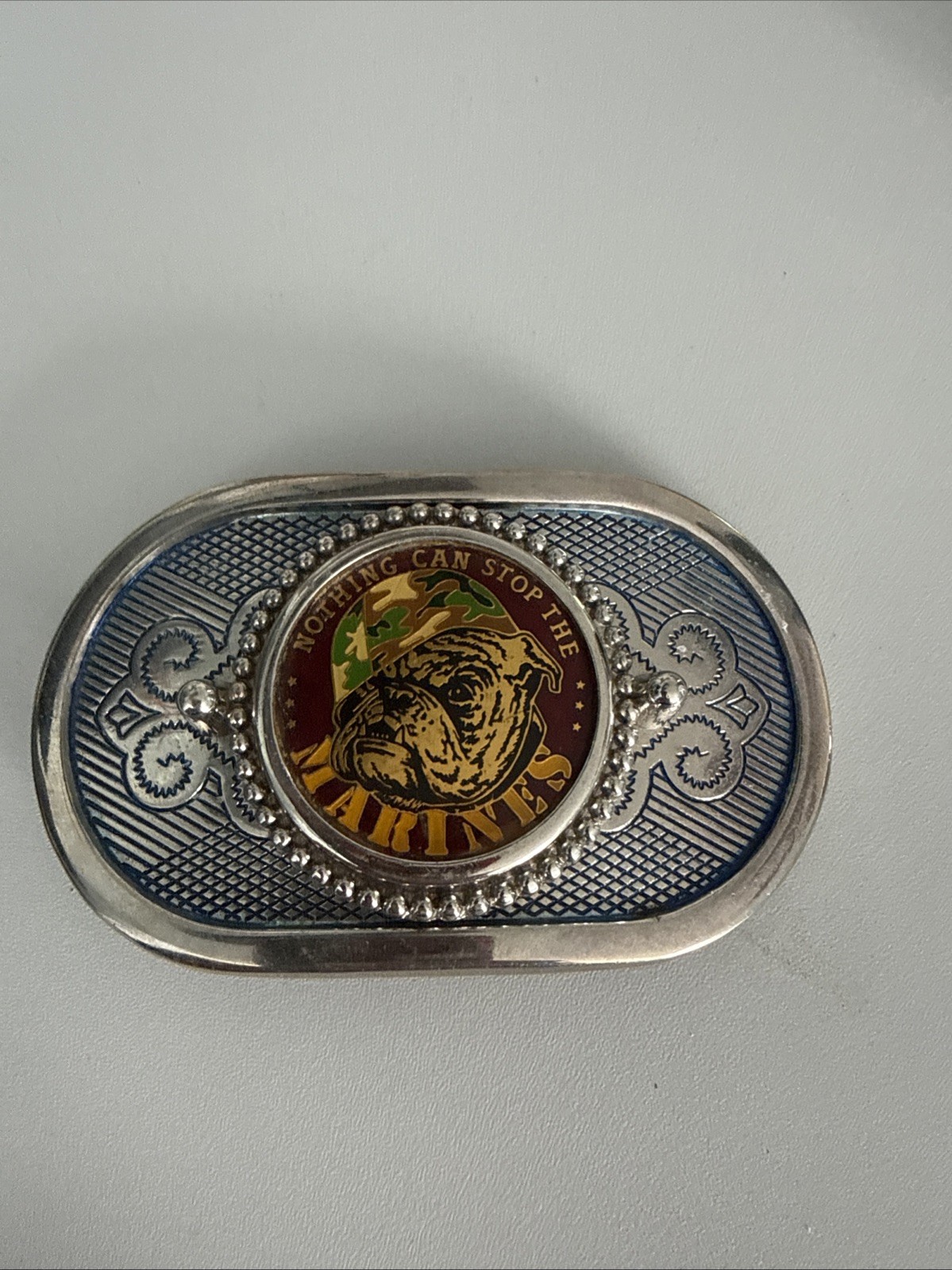 “Nothing Can Stop The Marines” Color Belt Buckle Made in USA Vintage Red Gold