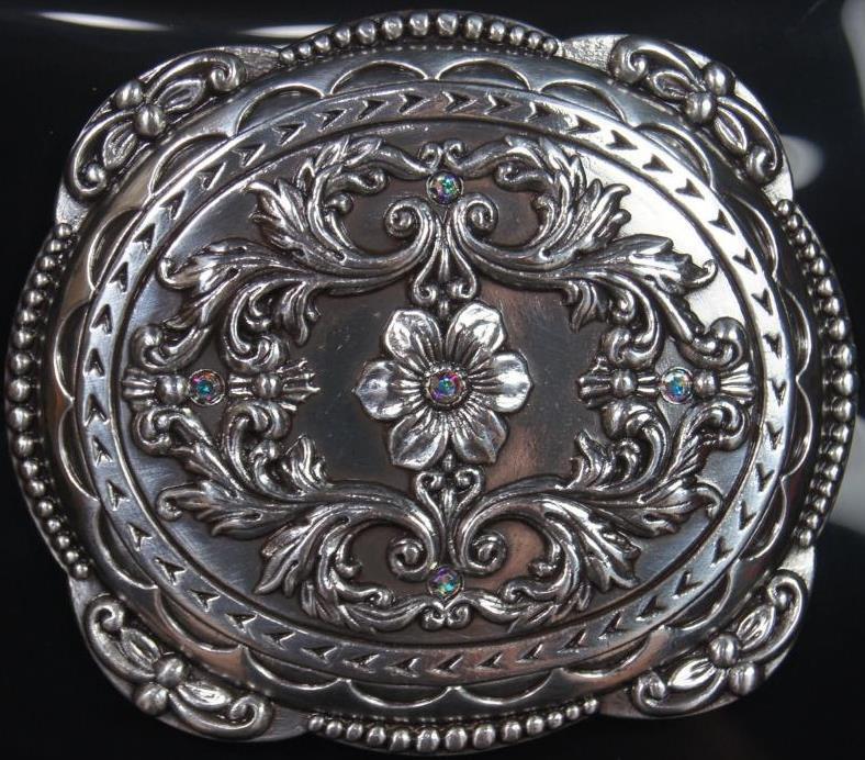 Nocona Western BLAZIN ROXX Belt Buckle Oval Floral Rhinestones Silver 37538