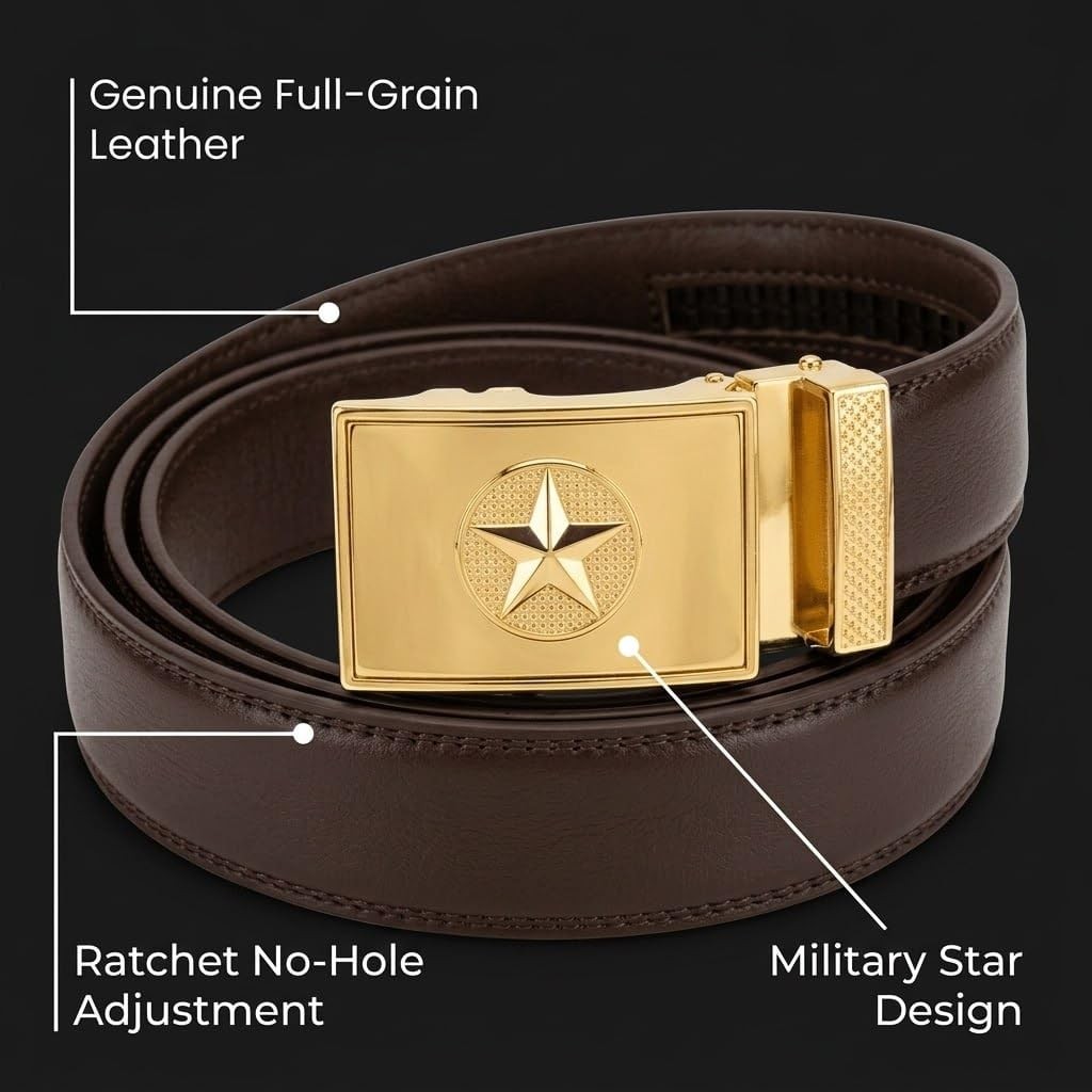 Men&rsquo;s Full-Grain Leather Ratchet Belt Brown with Military Star 28&Prime;–44&Prime;,