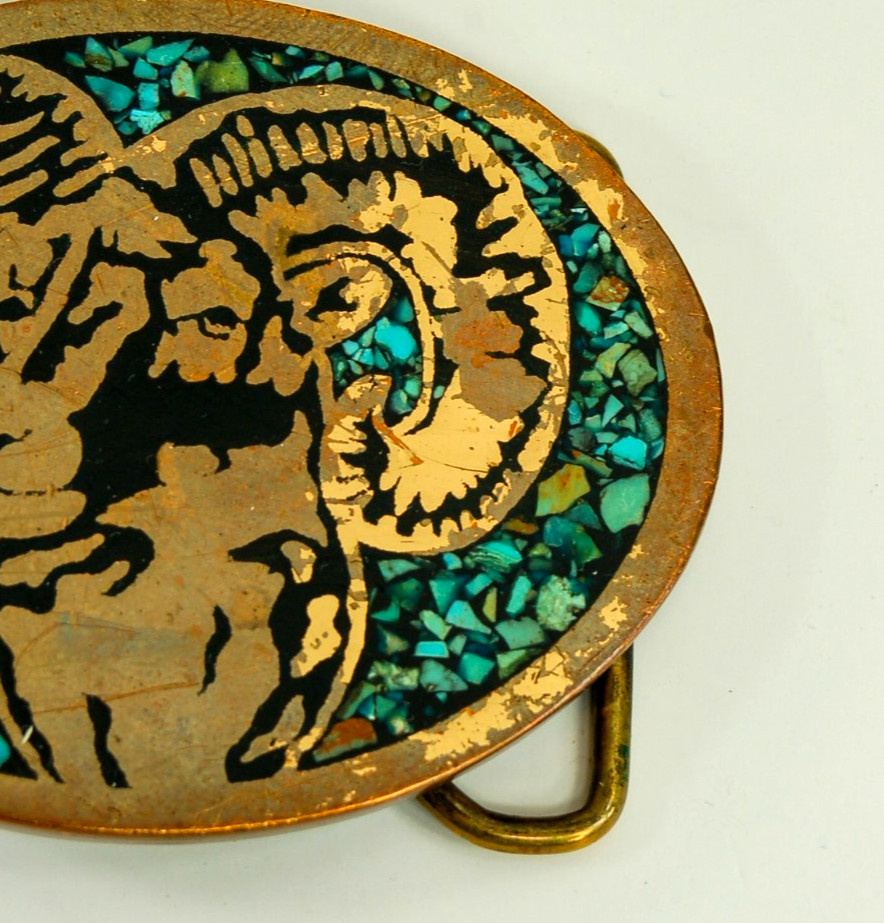 Bighorn Ram brass western belt buckle turquoise inlay vintage Harmony Metal