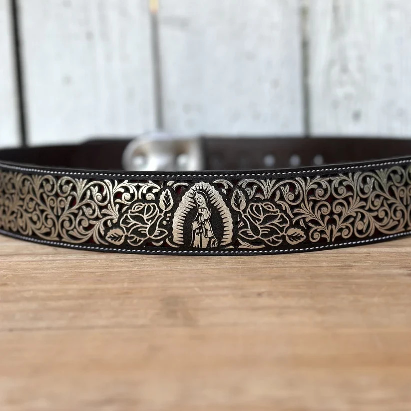 Genuine Laser Cut Leather Virgen Western Belt with Removable Buckle – Silver