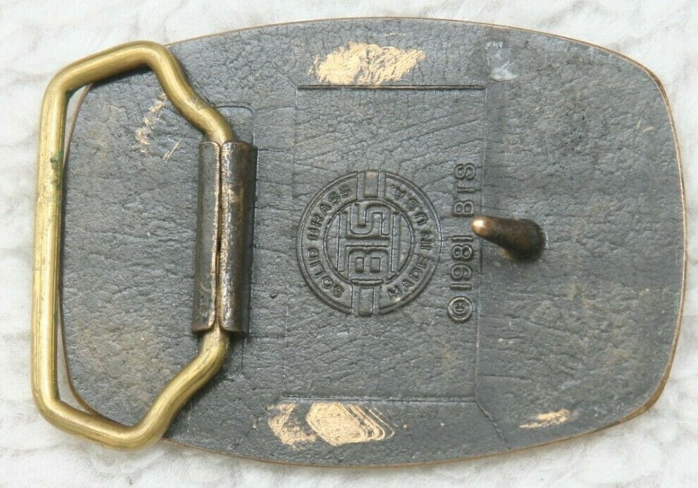 James P. Edwards Co. Inc. Metal Graphic Belt Buckle JPE Vintage 1981 Brass BB7